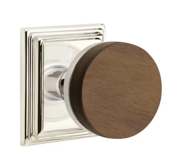 Emtek Select Conical Dark Walnut Knob with Wilshire Rosette in Polished Nickel finish