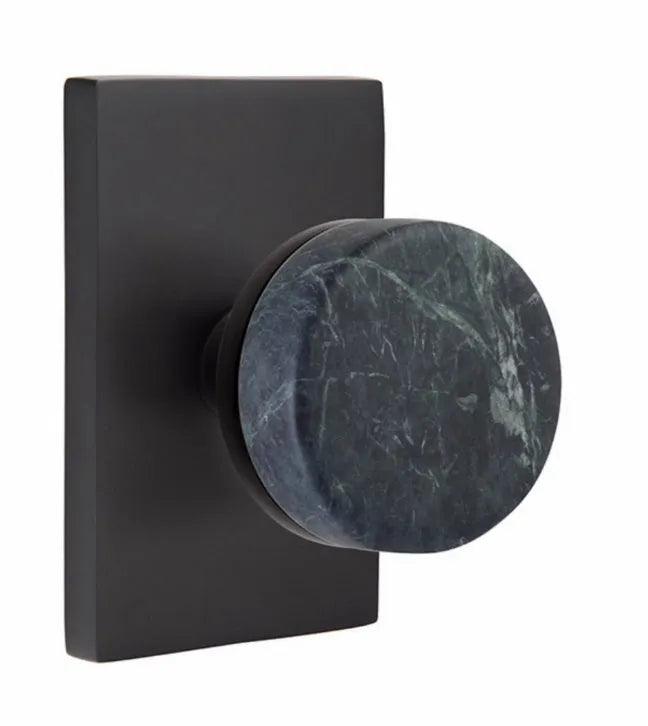 Emtek Select Conical Green Marble Knobset with Modern Rectangular Rosette Flat Black