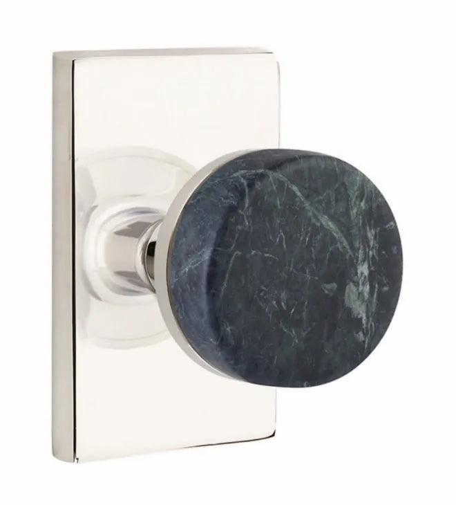 Emtek Select Conical Green Marble Knobset with Modern Rectangular Rosette Polished Nickel