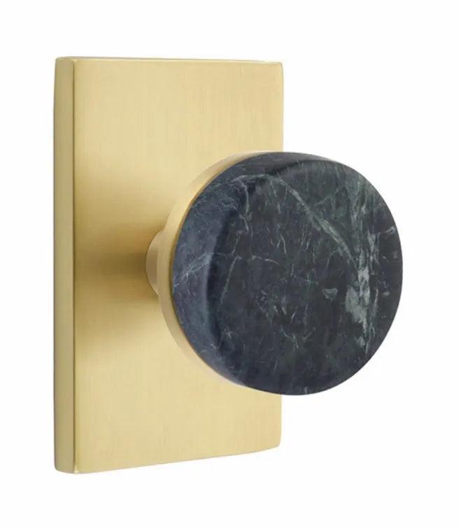 Emtek Select Conical Green Marble Knobset with Modern Rectangular Rosette Satin Brass