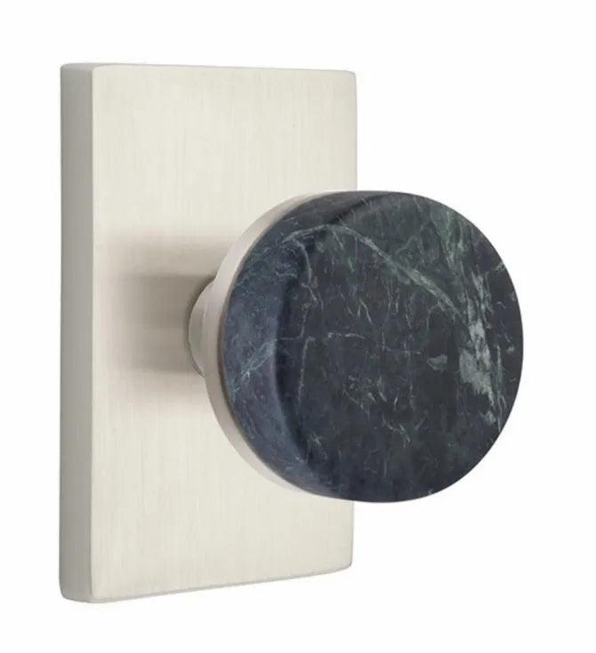 Emtek Select Conical Green Marble Knobset with Modern Rectangular Rosette Satin Nickel