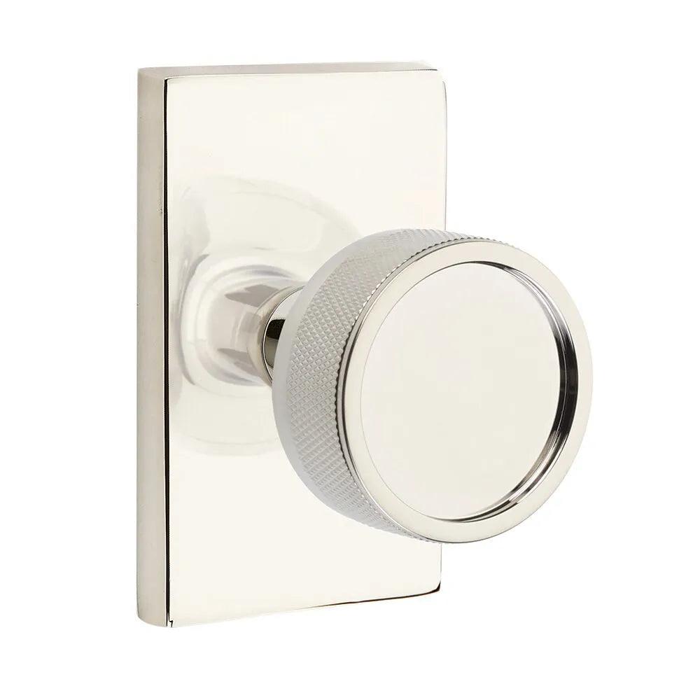 Emtek Select Conical Knurled Knob with Modern Rectangular Rosette Lifetime Polished Nickel