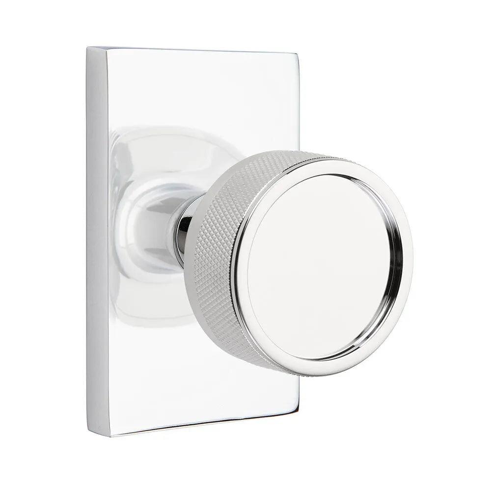 Emtek Select Conical Knurled Knob with Modern Rectangular Rosette Polished Chrome