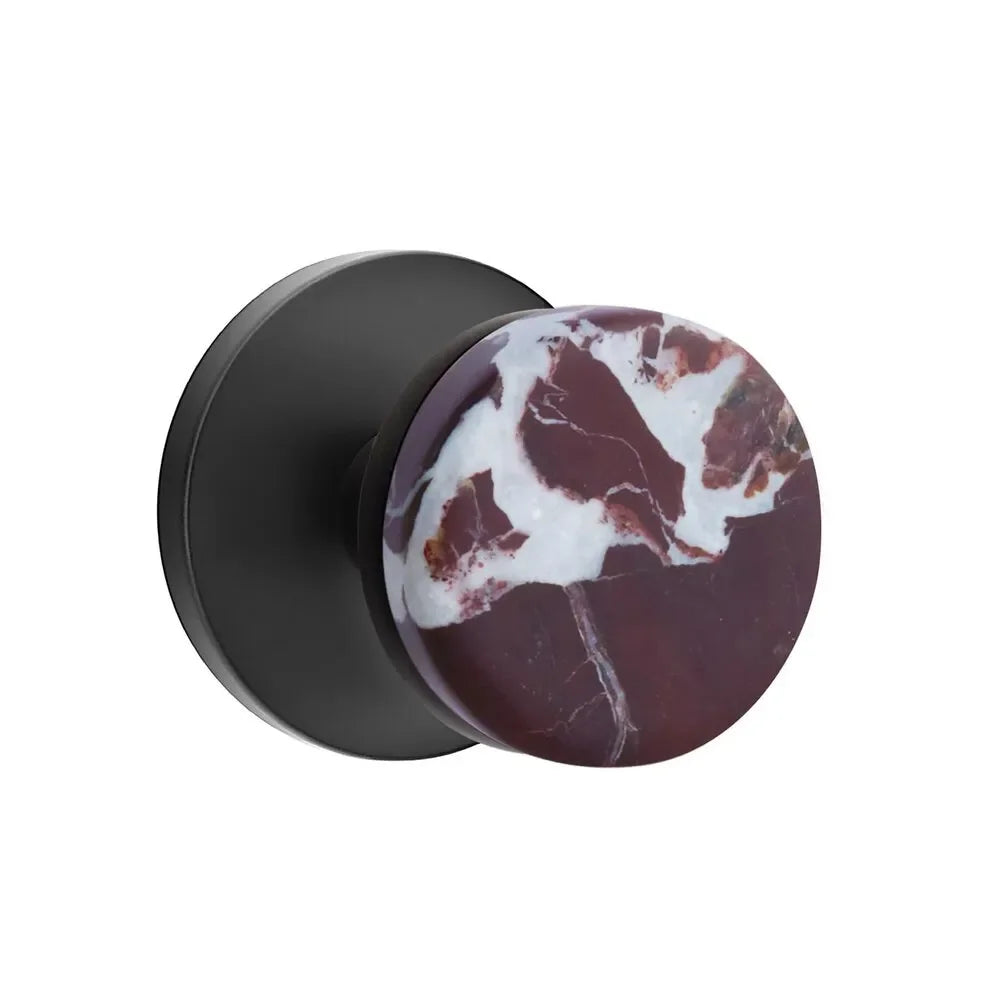The Emtek Select Conical Rosso Levanto Marble Knobset with Disk Rosette in Flat Black finish.