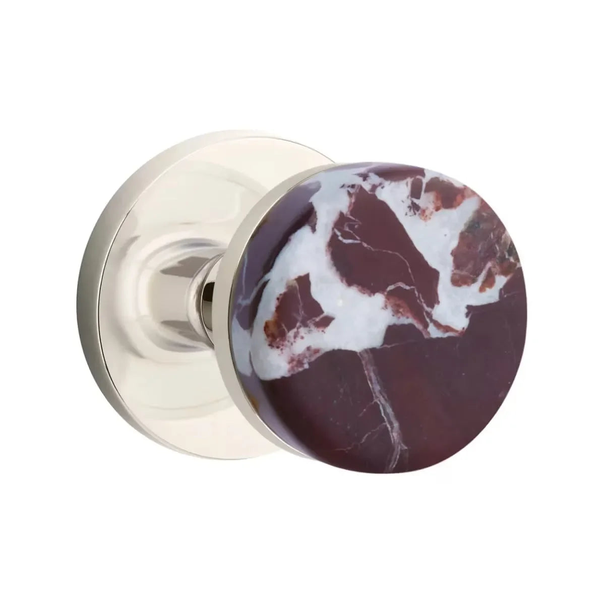 The Emtek Select Conical Rosso Levanto Marble Knobset with Disk Rosette in Lifetime Polished Nickel finish.