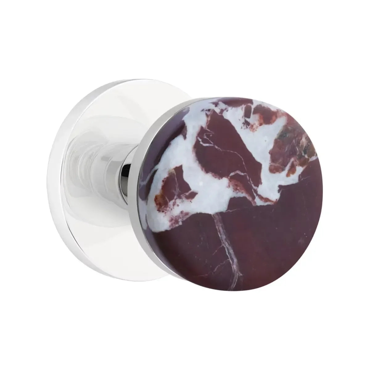 The Emtek Select Conical Rosso Levanto Marble Knobset with Disk Rosette in Polished Chrome finish.