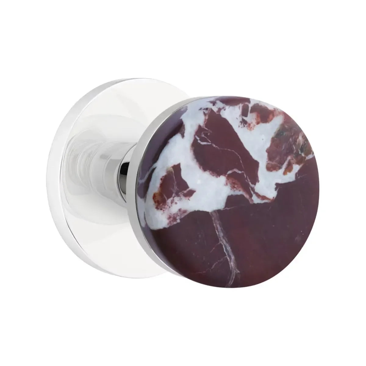 The Emtek Select Conical Rosso Levanto Marble Knobset with Disk Rosette in Polished Chrome finish.