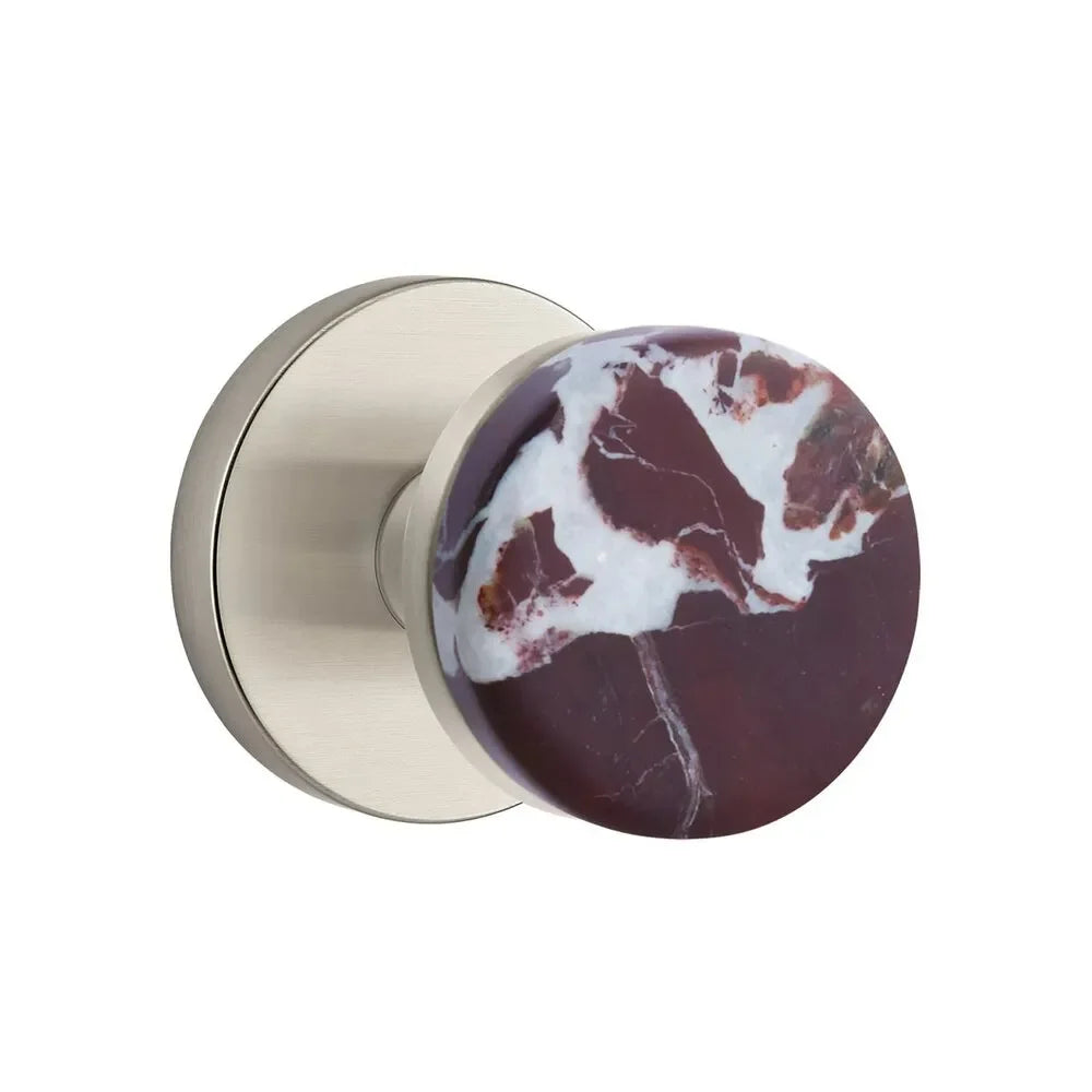 The Emtek Select Conical Rosso Levanto Marble Knobset with Disk Rosette in Satin Nickel finish.
