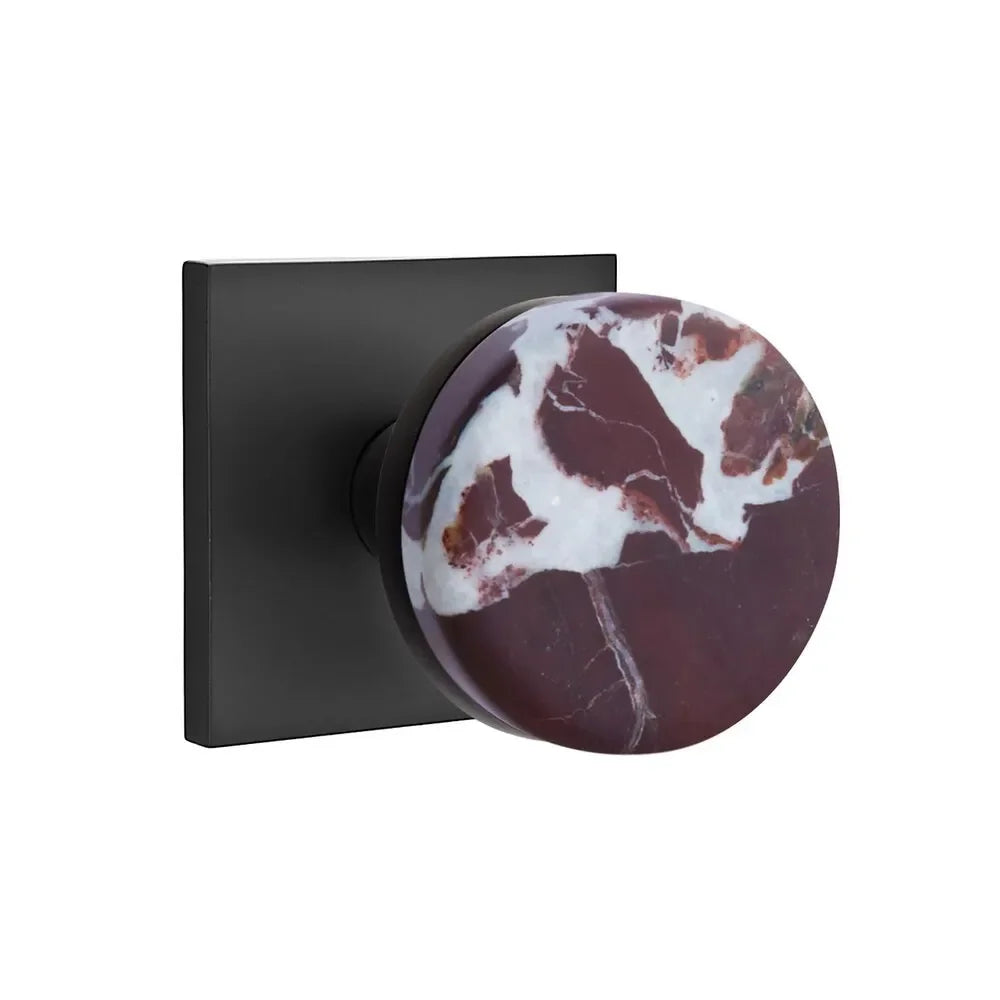 The Emtek Select Conical Rosso Levanto Marble Knobset with Square Rosette in Flat Black finish.