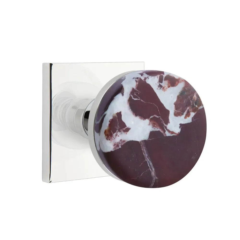 The Emtek Select Conical Rosso Levanto Marble Knobset with Square Rosette in Polished Chrome finish.
