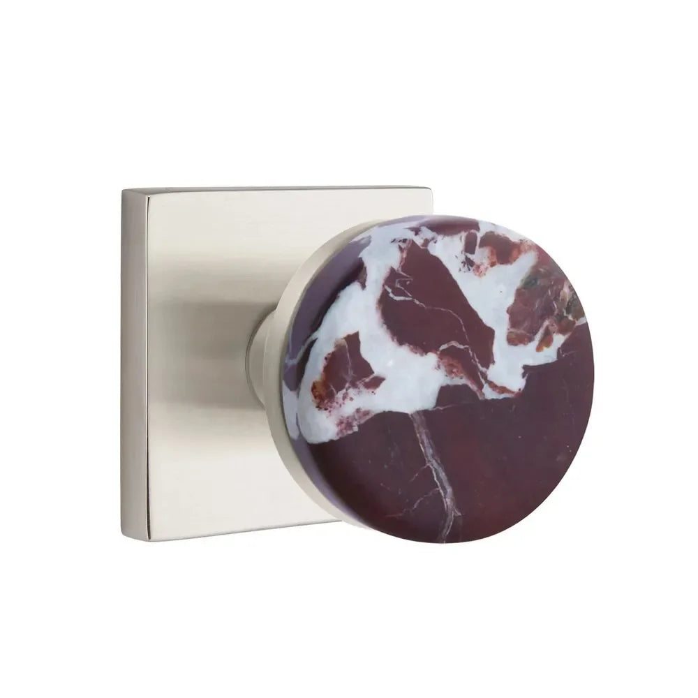 The Emtek Select Conical Rosso Levanto Marble Knobset with Square Rosette in Satin Nickel finish.