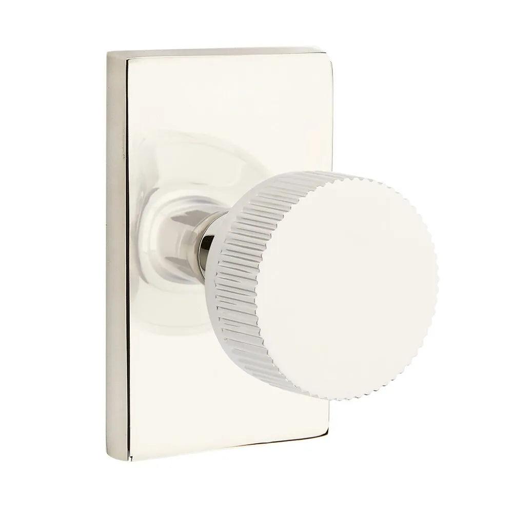 Emtek Select Conical Straight Knurled Knob with Modern Rectangular Rosette Lifetime Polished Nickel