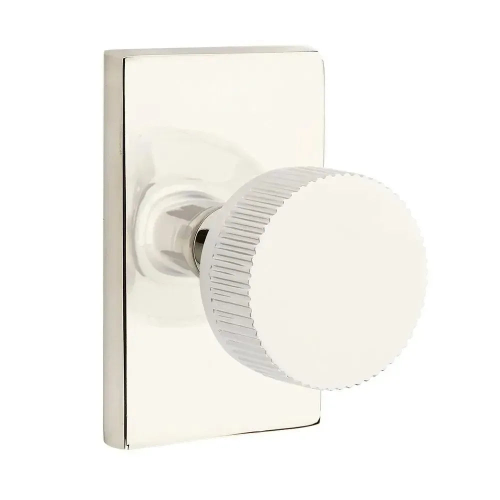 Emtek Select Conical Straight Knurled Knob with Modern Rectangular Rosette in Lifetime Polished Nickel finish
