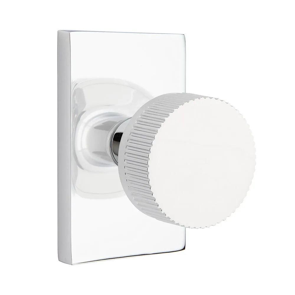 Emtek Select Conical Straight Knurled Knob with Modern Rectangular Rosette Polished Chrome