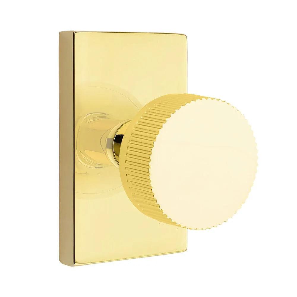 Emtek Select Conical Straight Knurled Knob with Modern Rectangular Rosette Unlacquered Brass
