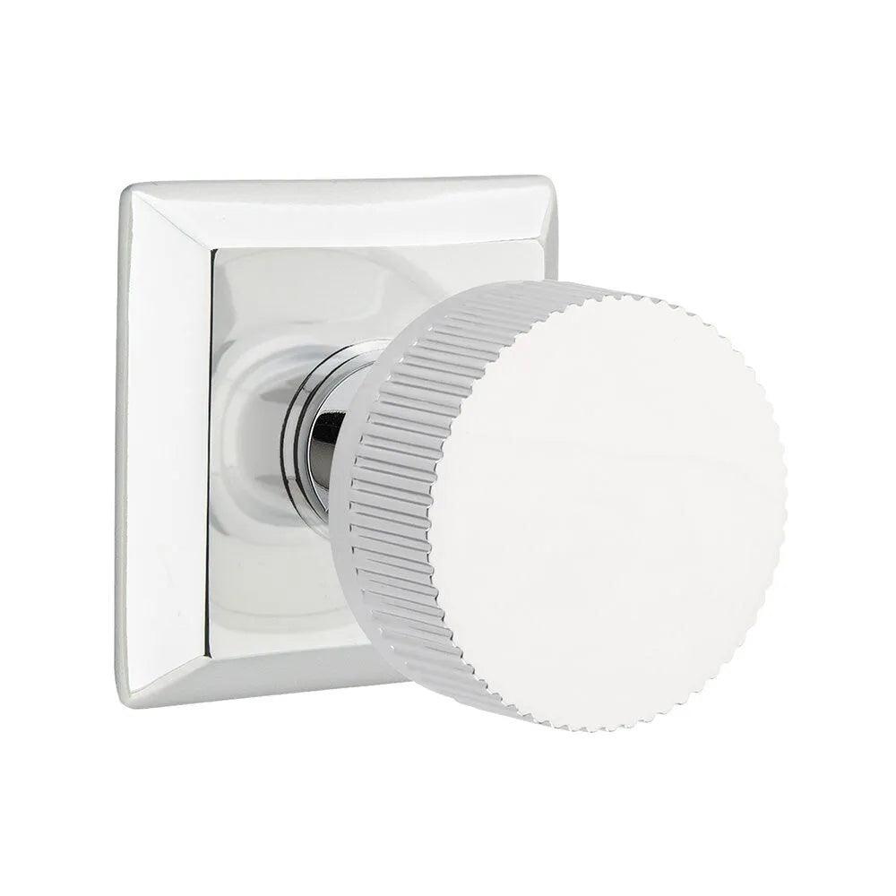 Emtek Select Conical Straight Knurled Knob with Quincy Rosette in Polished Chrome finish