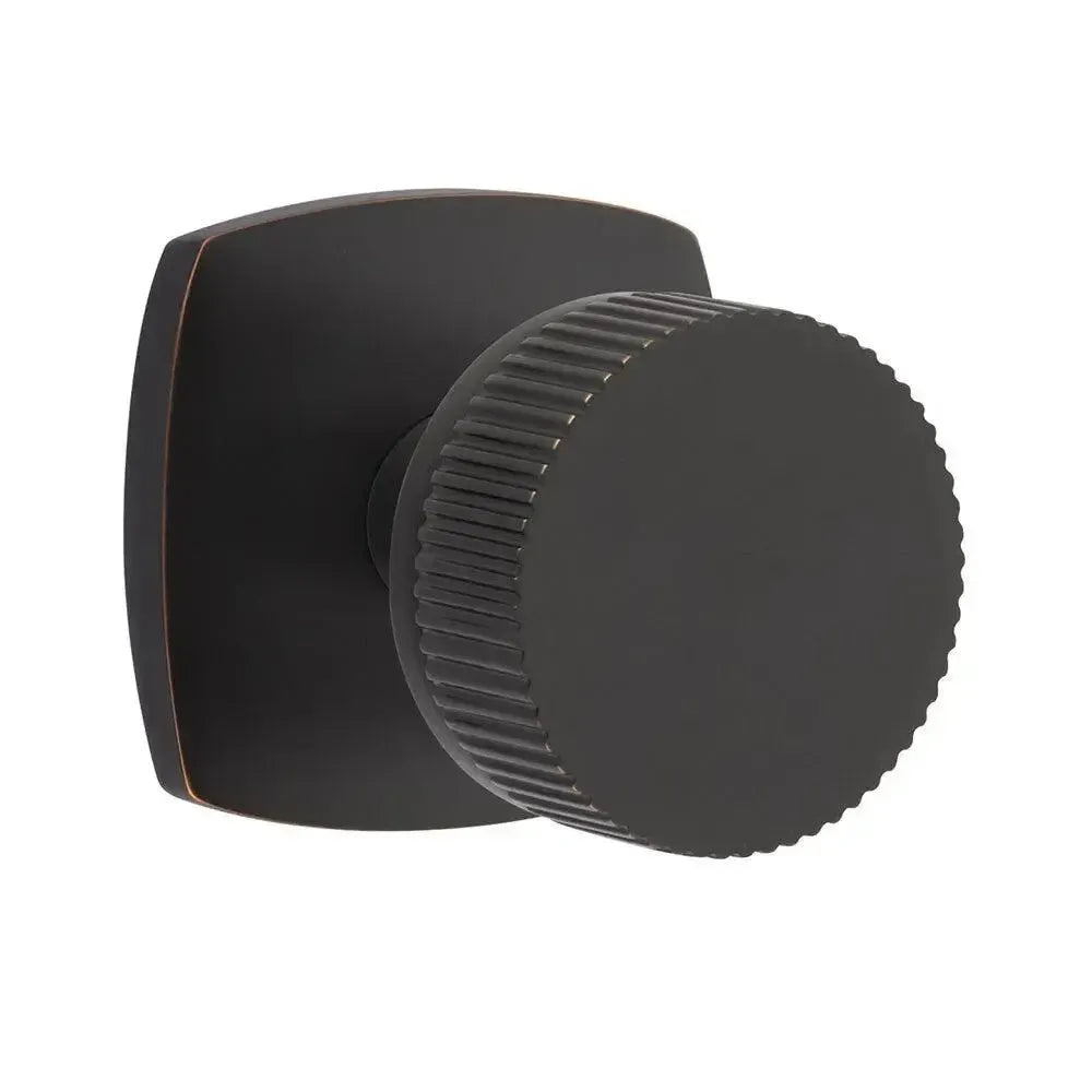 Emtek Select Conical Straight Knurled Knob with Urban Modern Rosette in Oil Rubbed Bronze finish