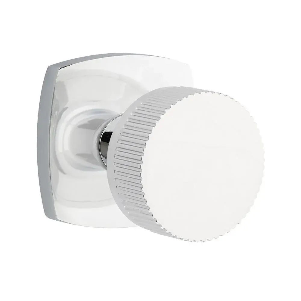 Emtek Select Conical Straight Knurled Knob with Urban Modern Rosette in Polished Chrome finish