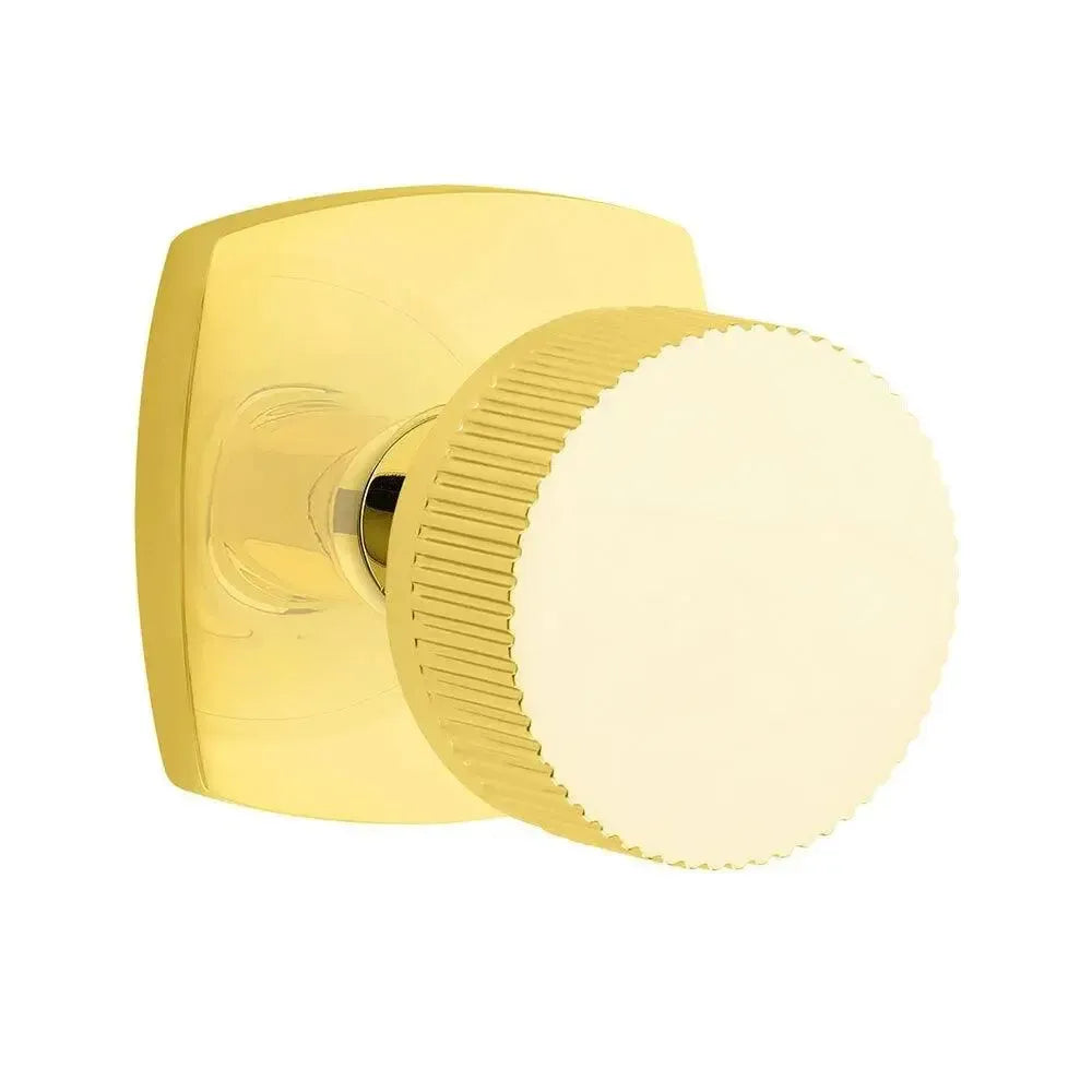Emtek Select Conical Straight Knurled Knob with Urban Modern Rosette in Unlacquered Brass finish