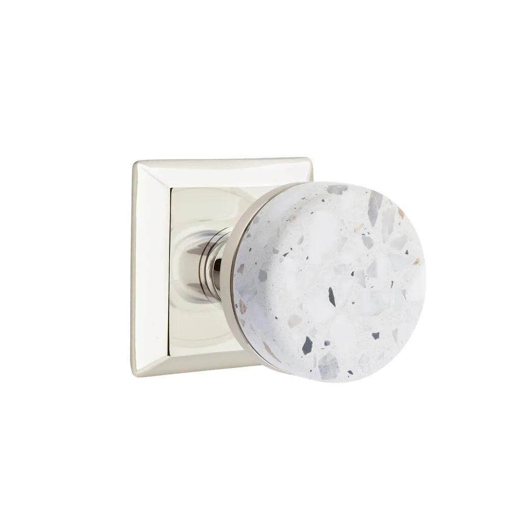 Emtek Select Conical Terrazzo Knob with Quincy Rosette in Lifetime Polished Nickel finish