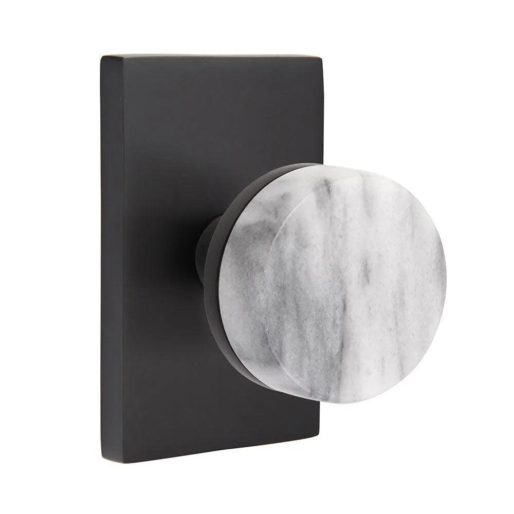 Emtek Select Conical White Marble Knob with Modern Rectangular Rosette Flat Black