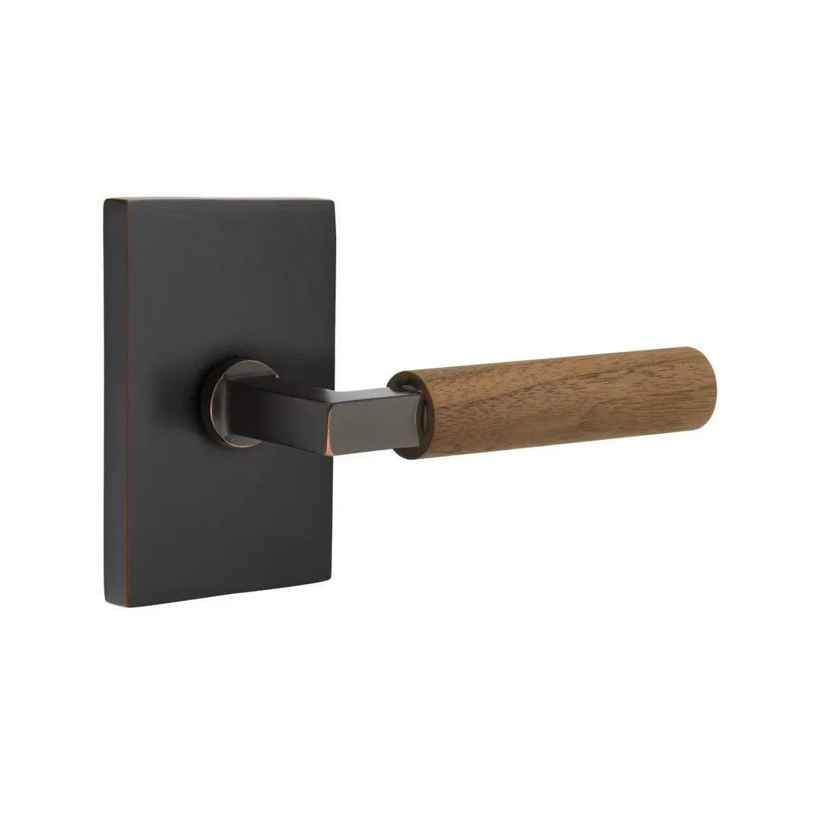 Emtek Select L-Square Dark Walnut Lever with Modern Rectangular Rosette Oil Rubbed Bronze