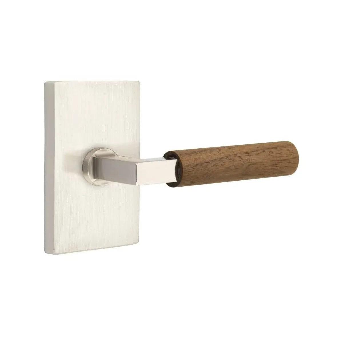 Emtek Select L-Square Dark Walnut Lever with Modern Rectangular Rosette Satin Nickel
