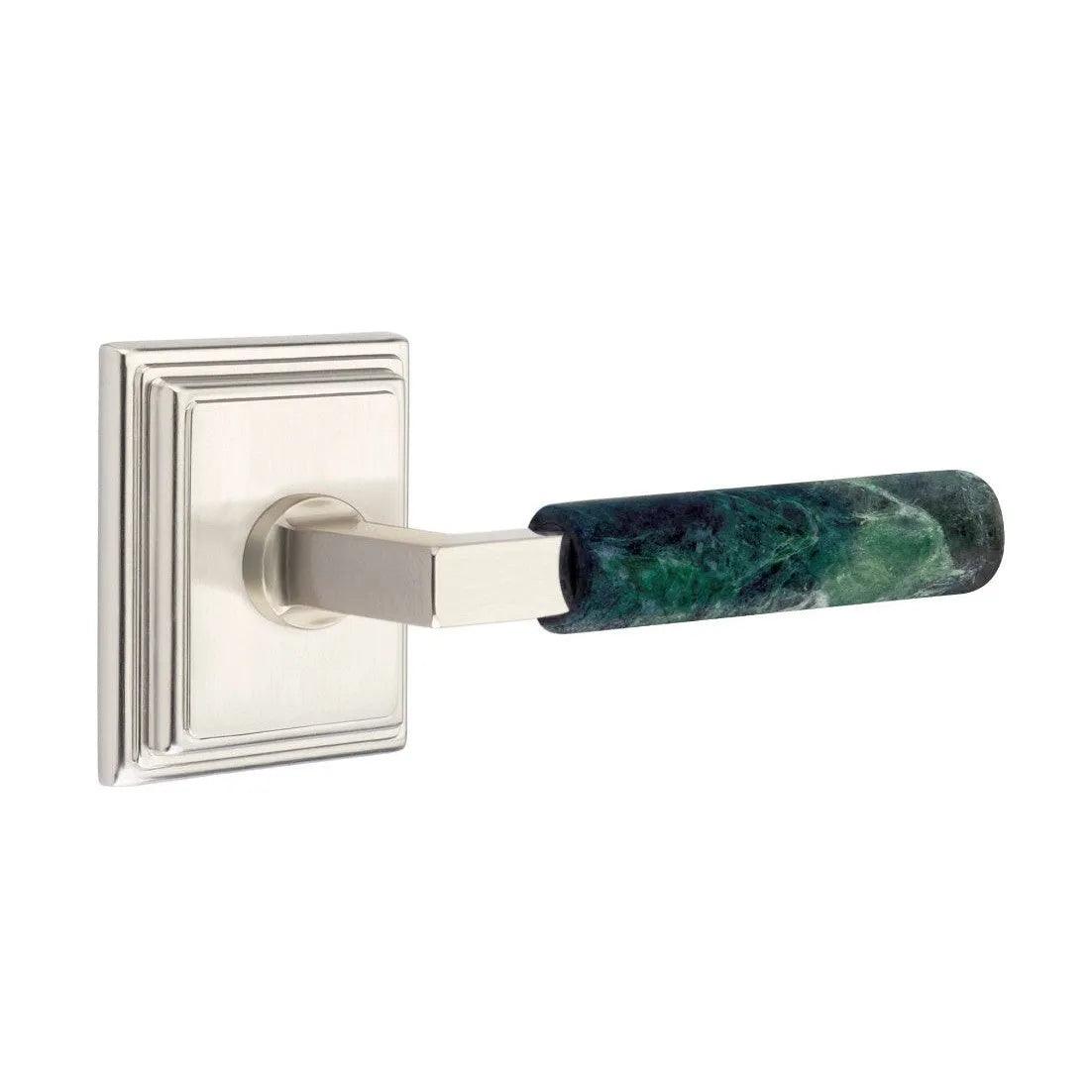 Emtek Select L-Square Green Marble Lever with Wilshire Rosette Satin Nickel