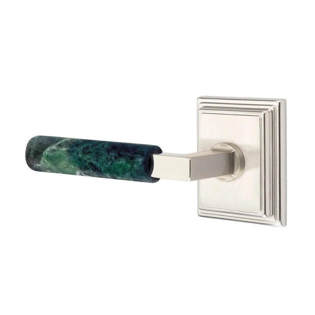 Emtek Select L-Square Green Marble Lever with Wilshire Rosette Satin Nickel