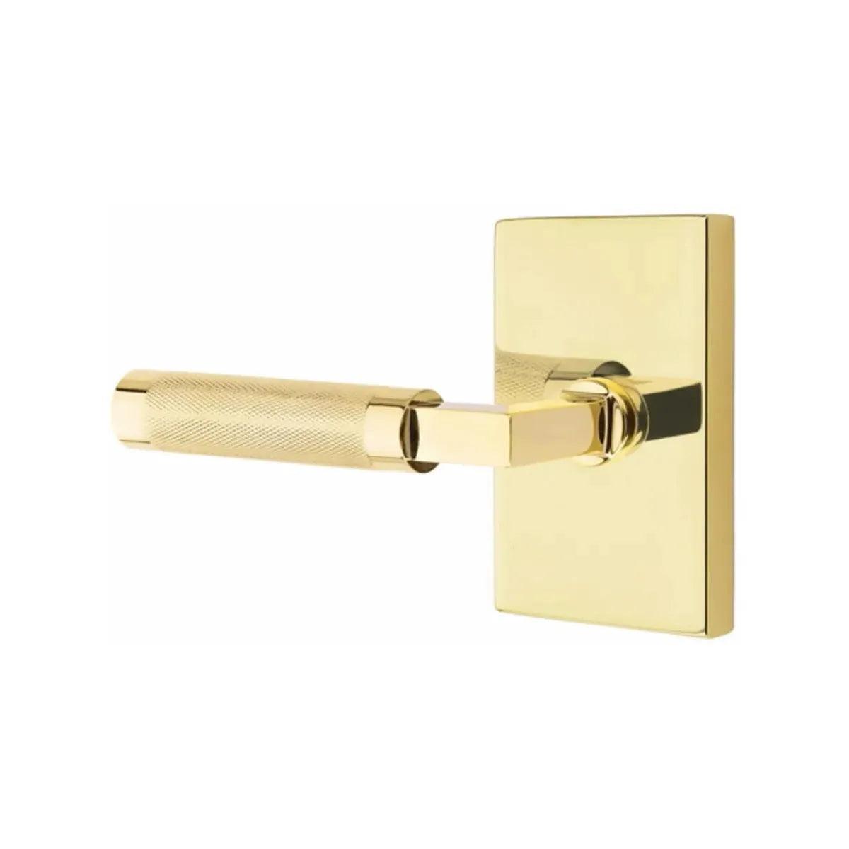 Emtek Select L-Square Knurled Lever with Modern Rectangular Rosette Unlacquered Brass
