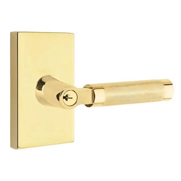 Emtek Select L-Square Knurled Lever with Modern Rectangular Rosette Unlacquered Brass