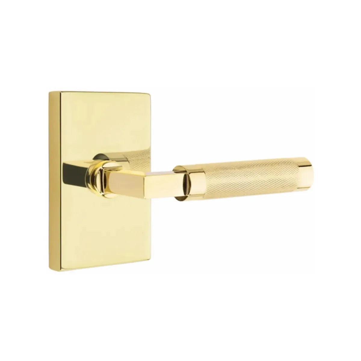 Emtek Select L-Square Knurled Lever with Modern Rectangular Rosette Unlacquered Brass