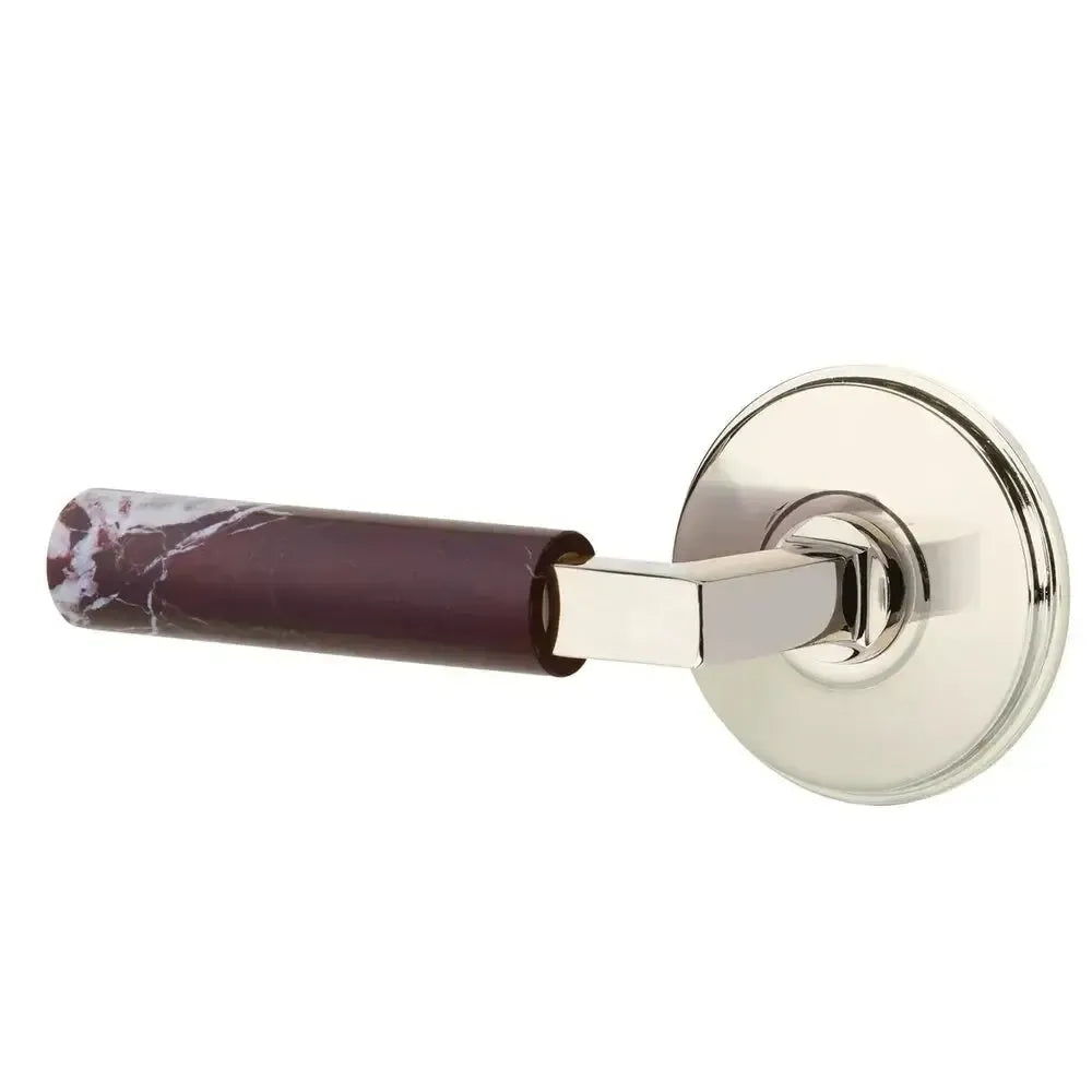 Emtek Select L-Square Rosso Levanto Marble Lever with Watford Rosette in Lifetime Polished Nickel finish