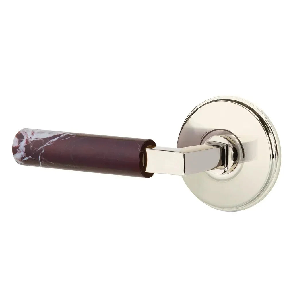 Emtek Select L-Square Rosso Levanto Marble Lever with Watford Rosette Lifetime Polished Nickel