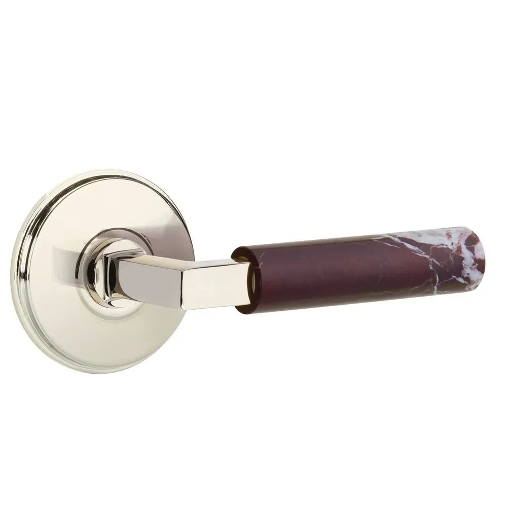 Emtek Select L-Square Rosso Levanto Marble Lever with Watford Rosette Lifetime Polished Nickel