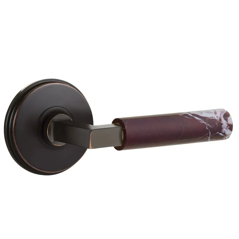 Emtek Select L-Square Rosso Levanto Marble Lever with Watford Rosette Oil Rubbed Bronze