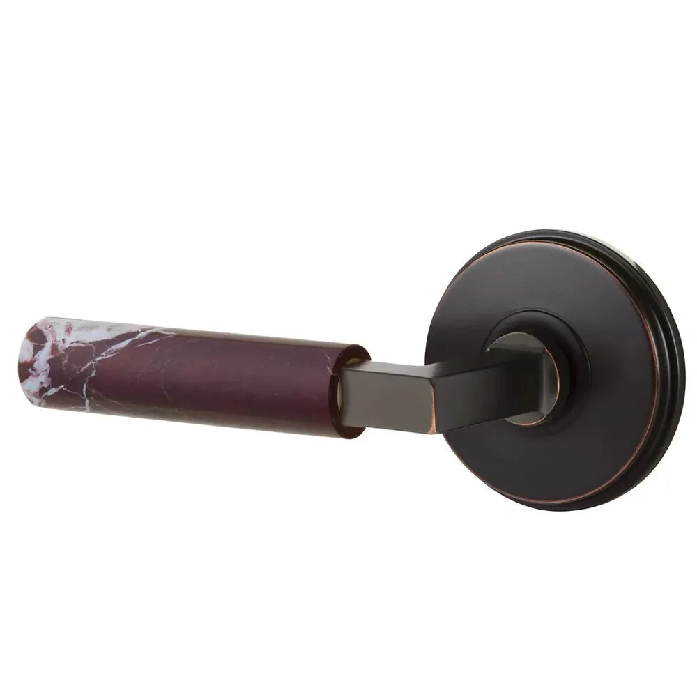 Emtek Select L-Square Rosso Levanto Marble Lever with Watford Rosette Oil Rubbed Bronze
