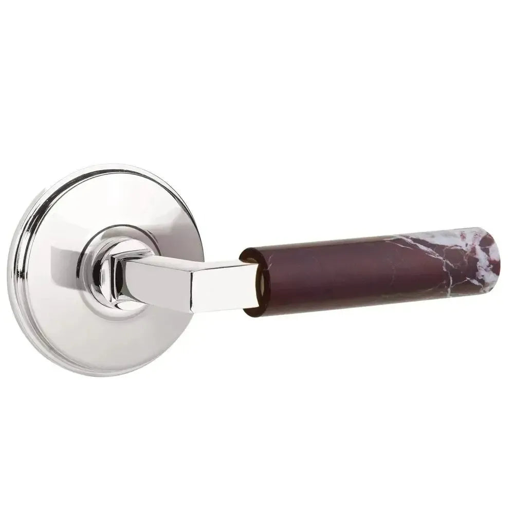 Emtek Select L-Square Rosso Levanto Marble Lever with Watford Rosette in Polished Chrome finish