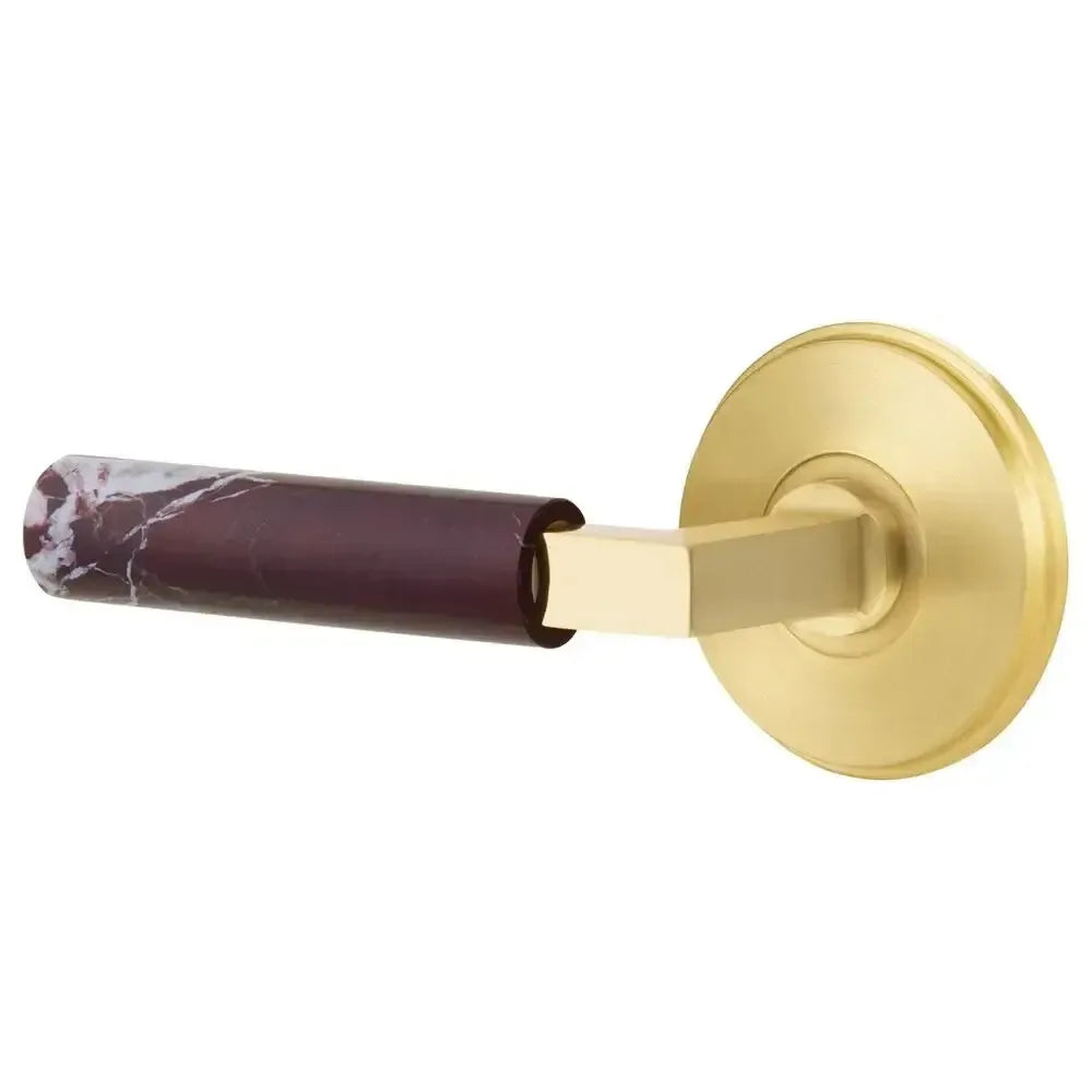 Emtek Select L-Square Rosso Levanto Marble Lever with Watford Rosette in Satin Brass finish