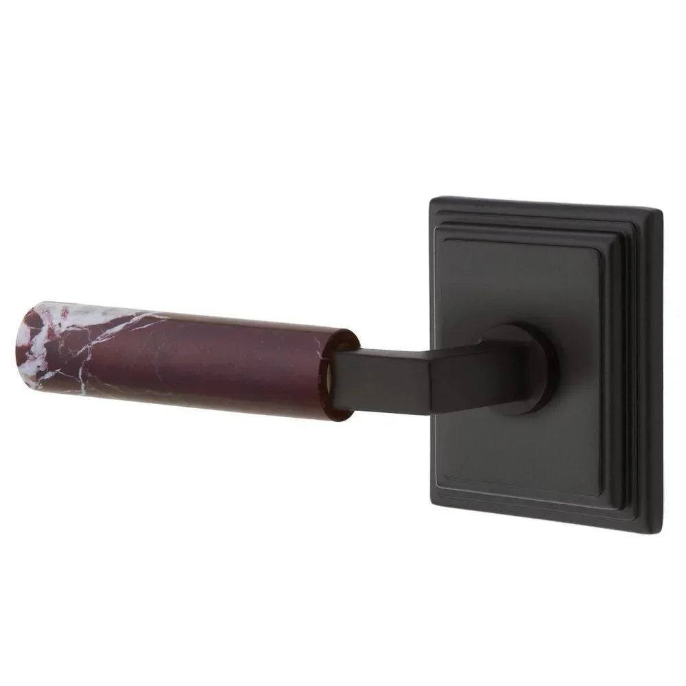 The Emtek Select L-Square Rosso Levanto Marble Lever with Wilshire Rosette in Flat Black finish.