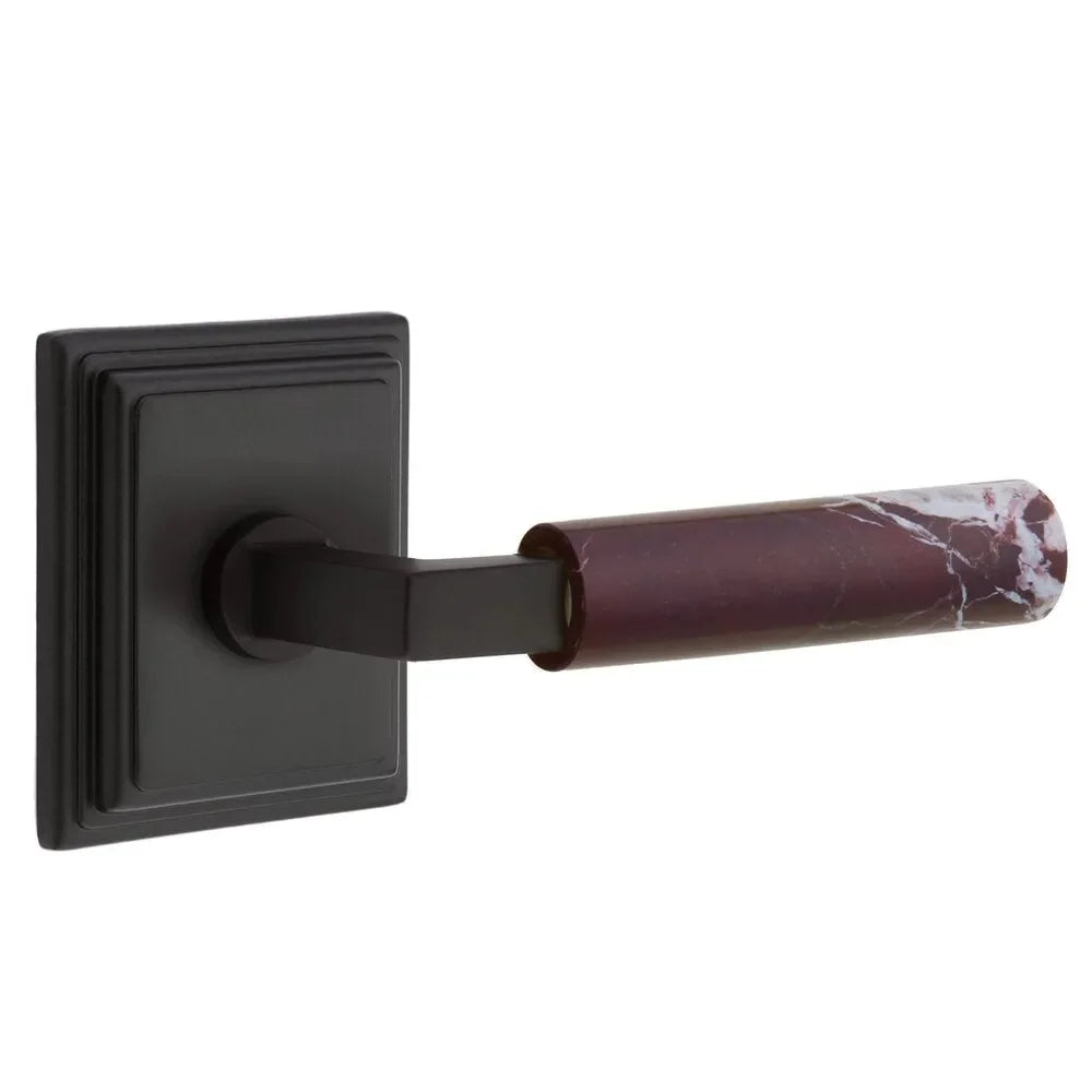 The Emtek Select L-Square Rosso Levanto Marble Lever with Wilshire Rosette in Flat Black finish.