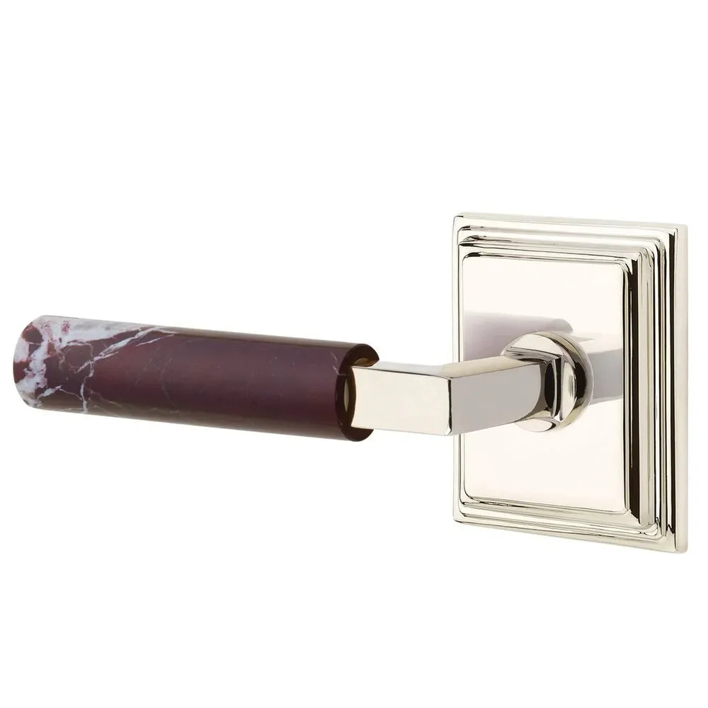 The Emtek Select L-Square Rosso Levanto Marble Lever with Wilshire Rosette in Lifetime Polished Nickel finish.