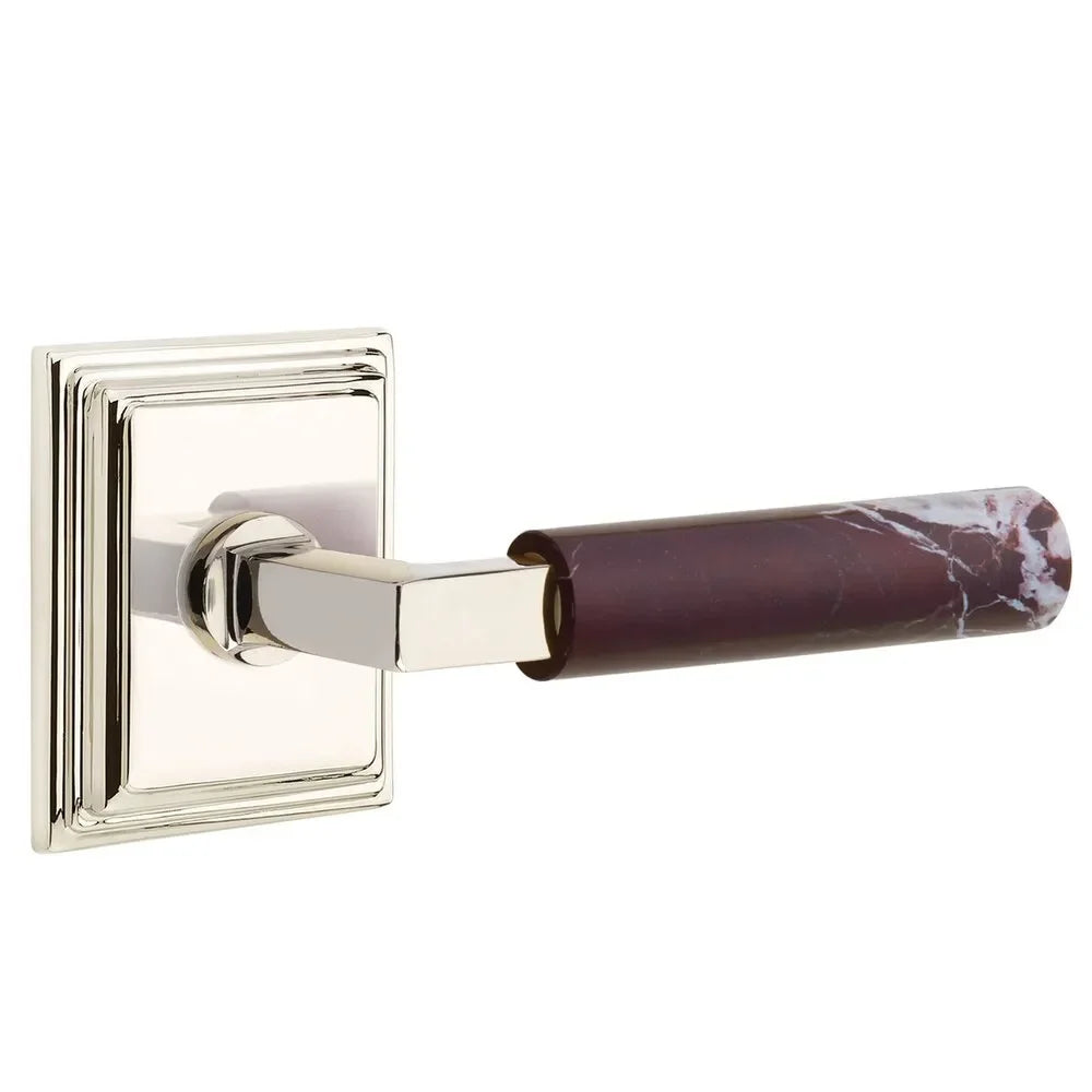The Emtek Select L-Square Rosso Levanto Marble Lever with Wilshire Rosette in Lifetime Polished Nickel finish.