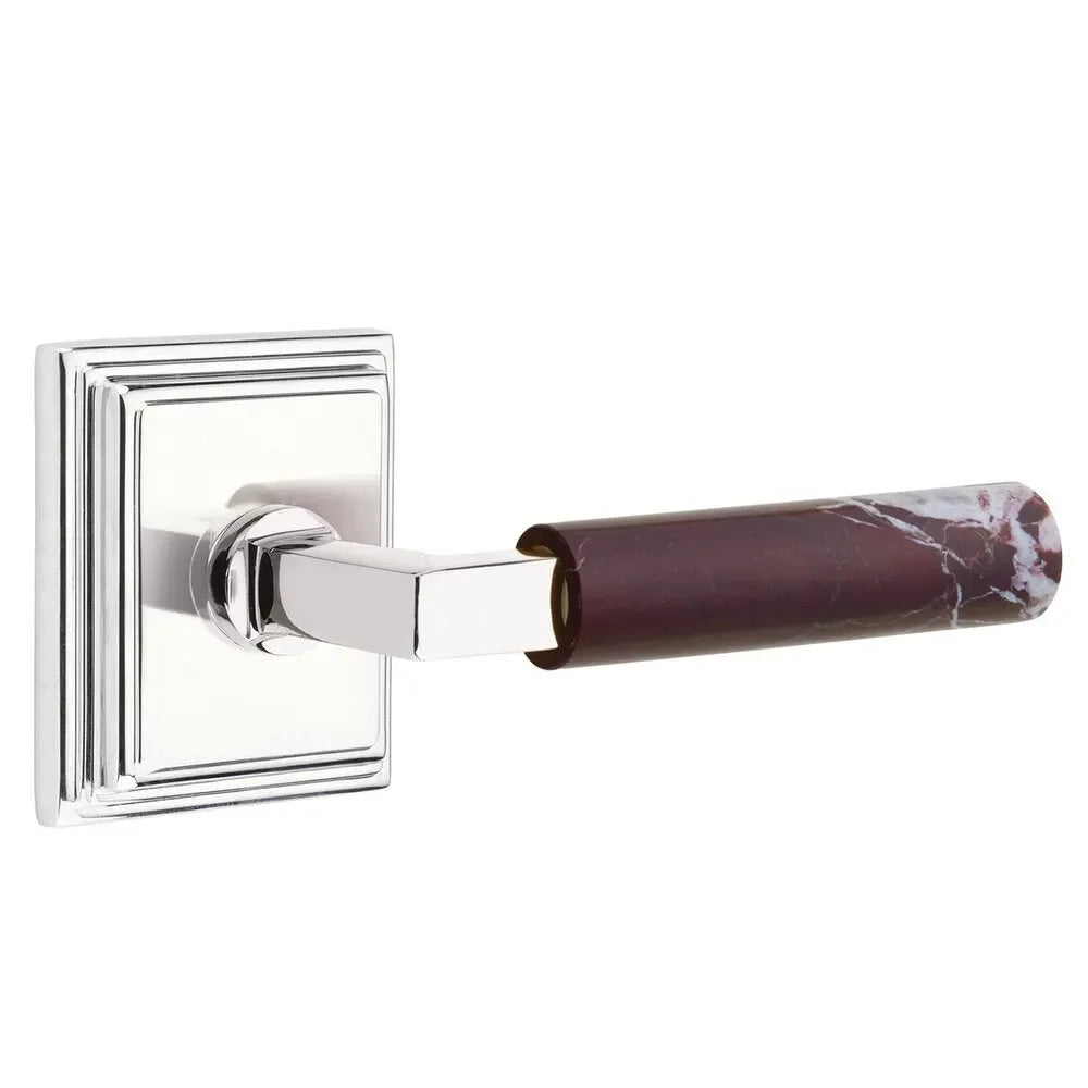 The Emtek Select L-Square Rosso Levanto Marble Lever with Wilshire Rosette in Polished Chrome finish.