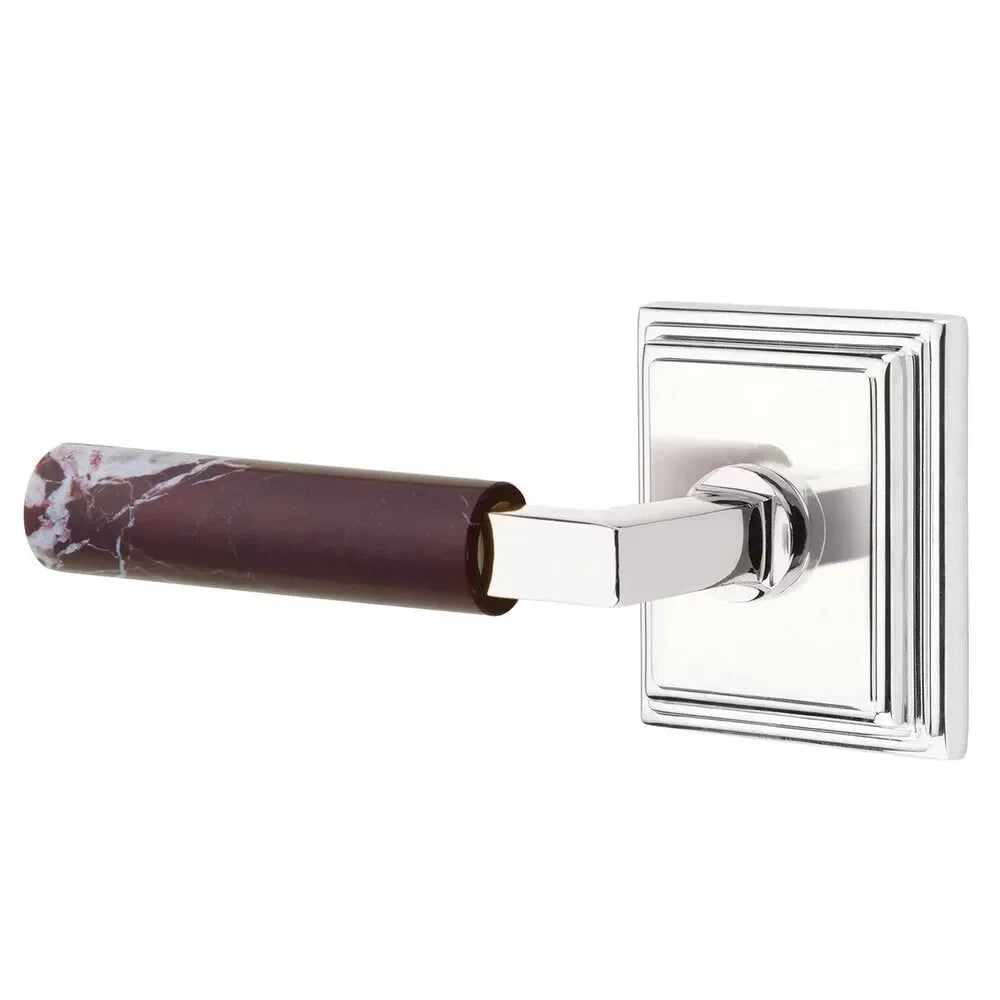 The Emtek Select L-Square Rosso Levanto Marble Lever with Wilshire Rosette in Polished Chrome finish.