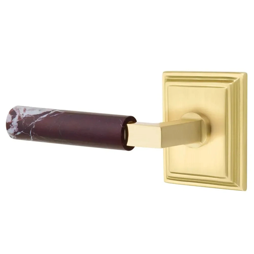 The Emtek Select L-Square Rosso Levanto Marble Lever with Wilshire Rosette in Satin Brass finish.