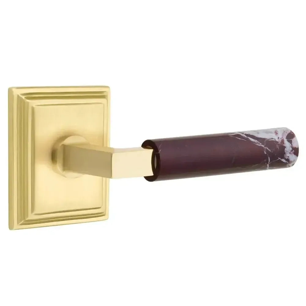 Emtek Select L-Square Rosso Levanto Marble Lever with Wilshire Rosette in Satin Brass finish