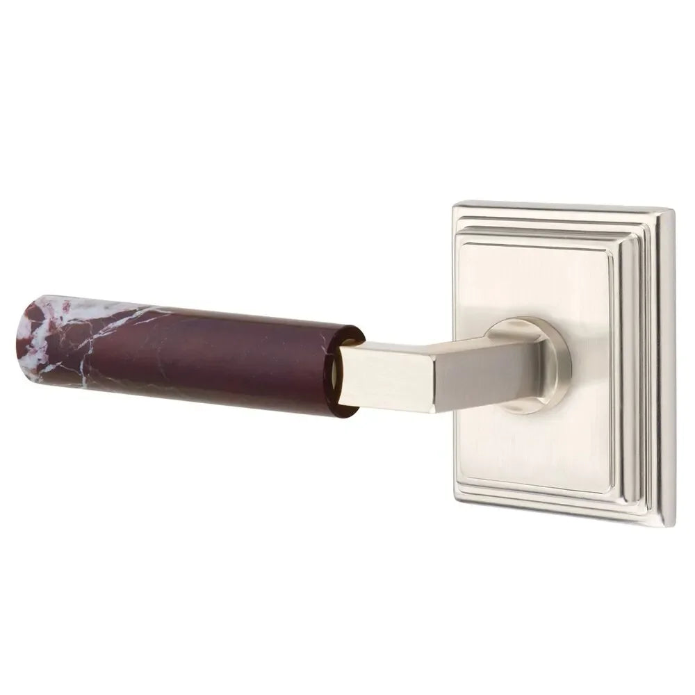 The Emtek Select L-Square Rosso Levanto Marble Lever with Wilshire Rosette in Satin Nickel finish.