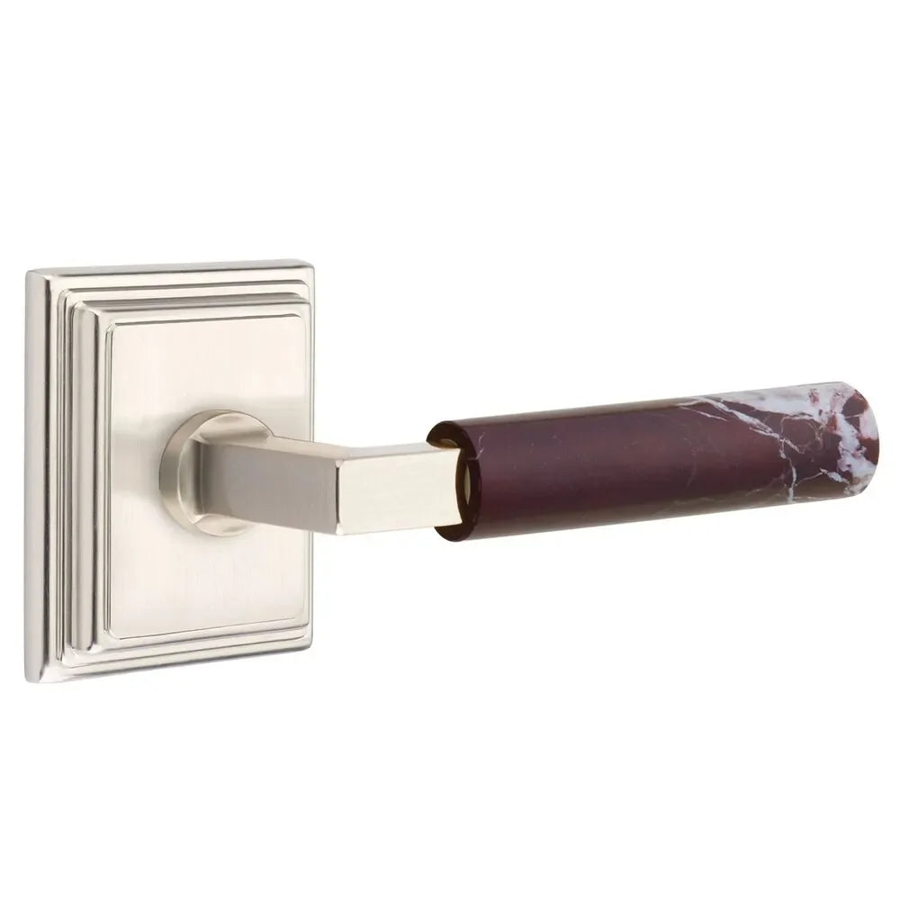 The Emtek Select L-Square Rosso Levanto Marble Lever with Wilshire Rosette in Satin Nickel finish.