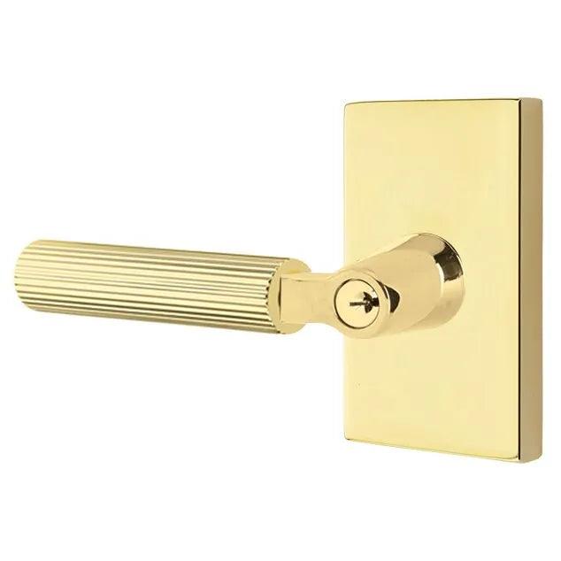 Emtek Select L-Square Straight Knurled Lever with Modern Rectangular Rosette Unlacquered Brass